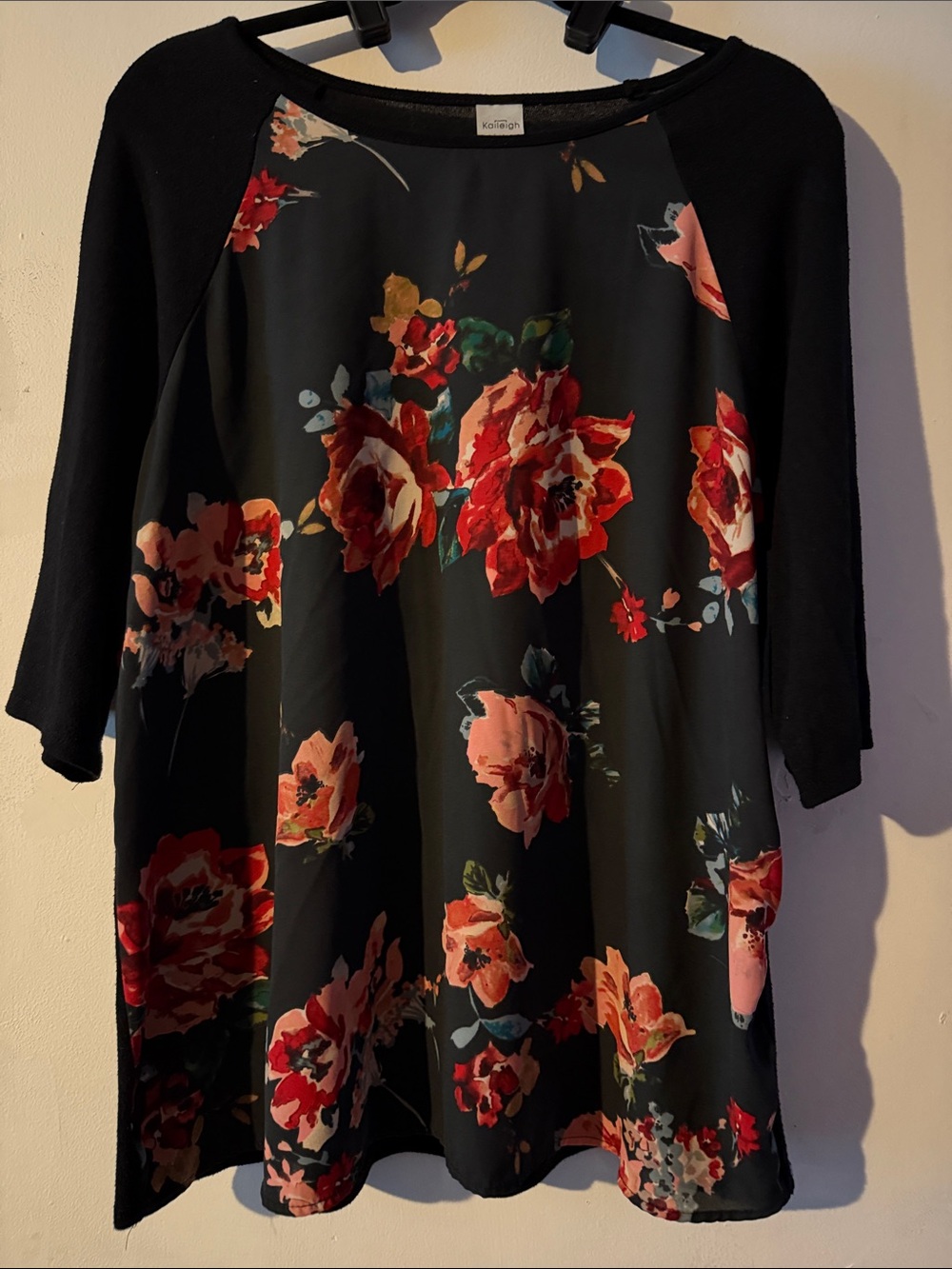 Kaileigh Black Top with Red & Pink Floral Accents